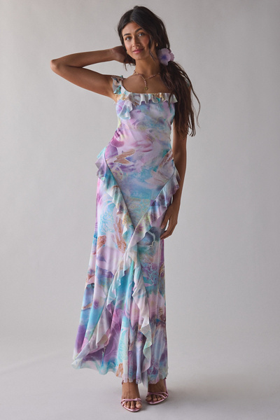 Urban Outfitters UO Gossamer Cascading Ruffle Open Back Mesh Maxi Dress in Purple, Women’s at Urban Outfitters