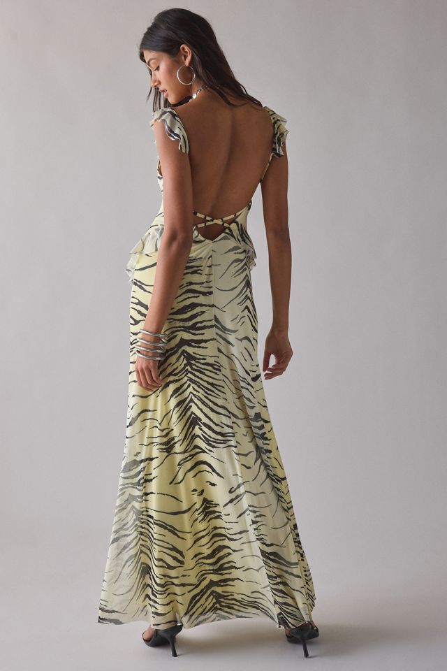 UO Gossamer Cascading Ruffle Open Back Mesh Maxi Dress | Urban Outfitters