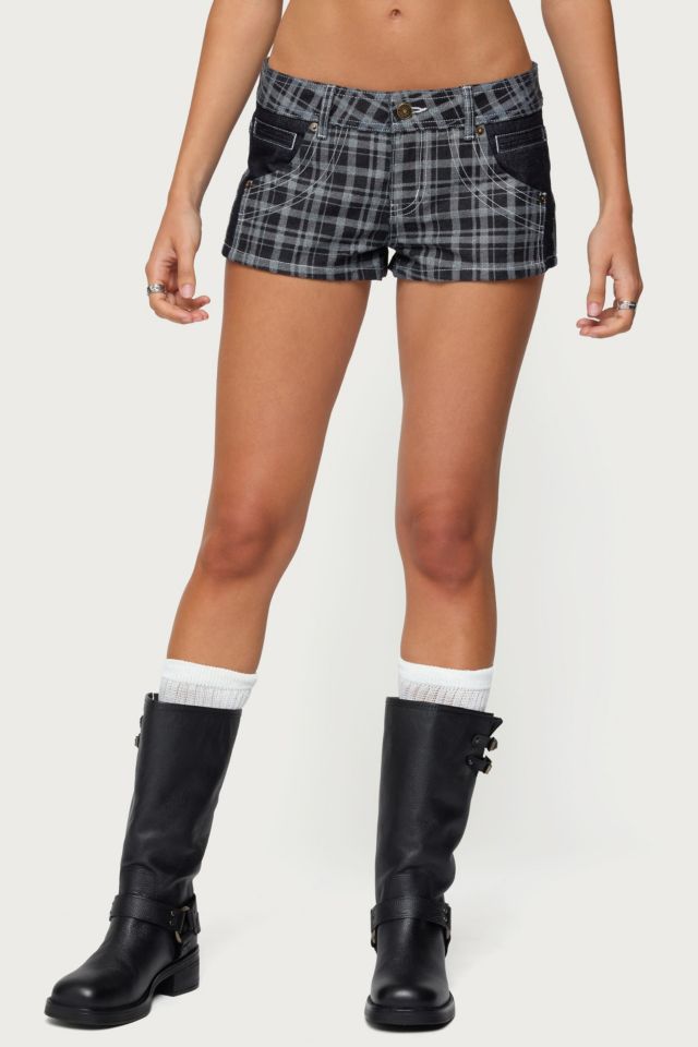 Edikted Carie Plaid Low Rise Denim Shorts #1