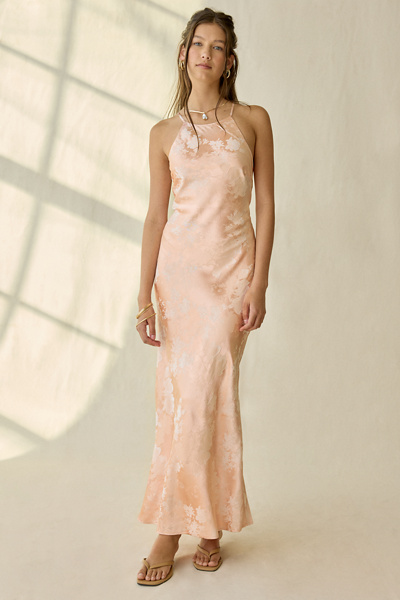 Kiss The Sky Yasmin Satin Jacquard Open-Back Halter Maxi Dress | Urban  Outfitters