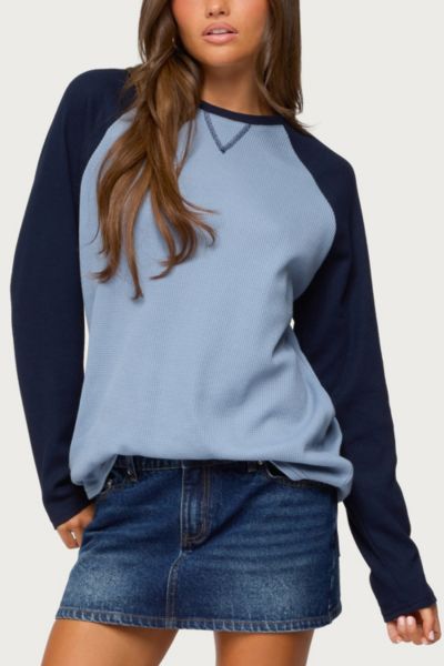 Edikted Me Time Oversize Raglan Sleeve Waffle Knit Top In Blue