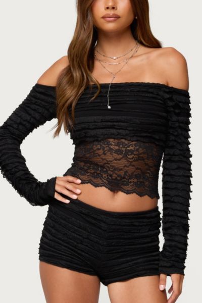 Edikted Tauri Lacey Ruffled Off Shoulder Top