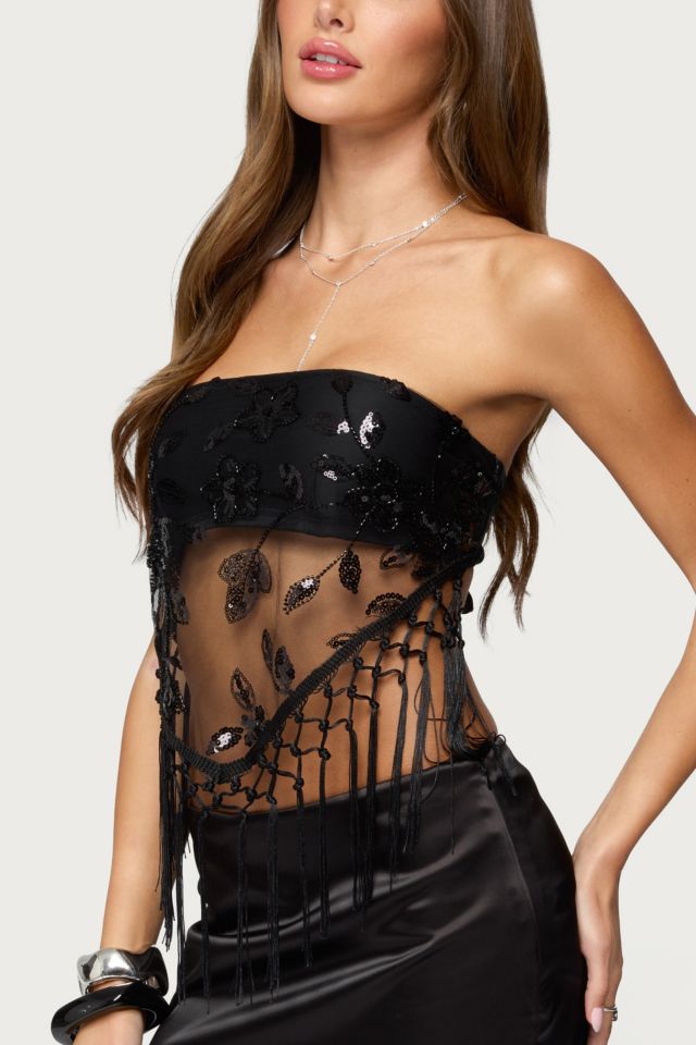Edikted Sequin Sheer Fringed Strapless Top #2