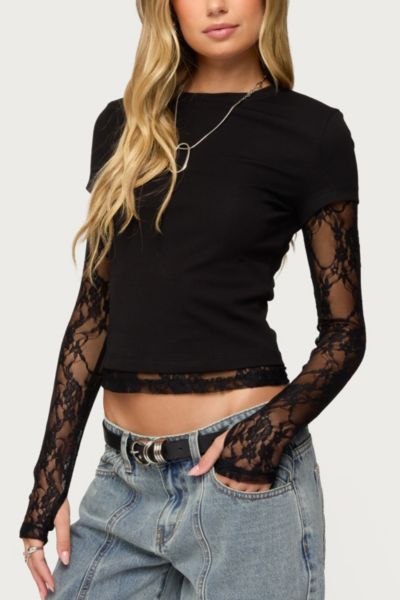 Edikted Layered Lace Sleeve T Shirt