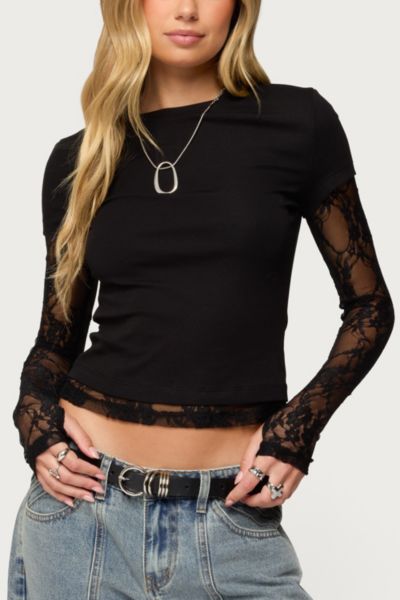 Edikted Layered Lace Sleeve T Shirt