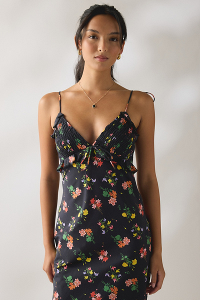 Kiss The Sky Fleurs Ruffle Trim Shirred Midi Dress