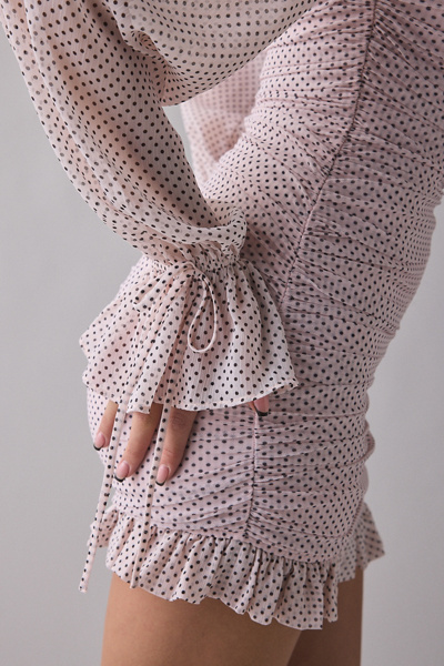 AFRM Claudia Mauve Pin Dot Off-The-Shoulder Ruched Mini Dress