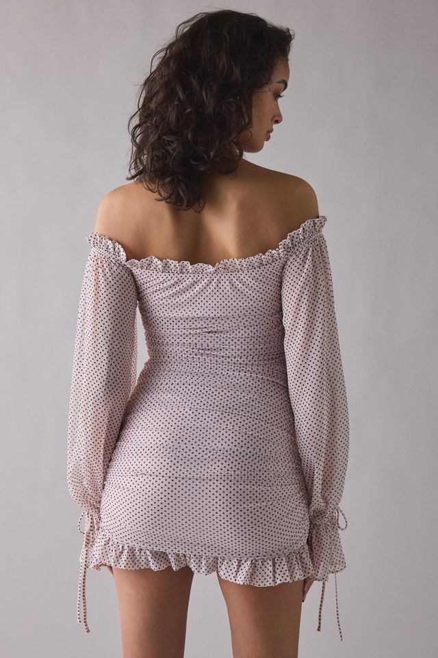 AFRM Claudia Mauve Pin Dot Off-The-Shoulder Ruched Mini Dress | Urban  Outfitters