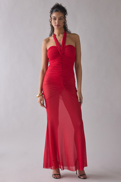 afrm halter ruffle maxi dress AFRM Sid Kiss Red Sheer Mesh Halter Maxi Dress