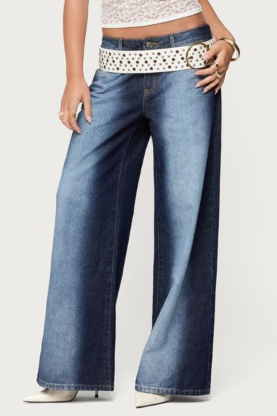 Edikted Ema Bleach Washed Low Rise Jeans In Dark/blue, Women's At Urban Outfitters In Blue