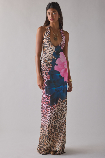 AFRM Paisleigh Animal Block Peony Mesh Halter Maxi Dress | Urban Outfitters