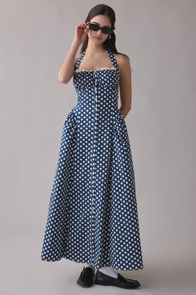 Kimchi Blue Tea Time Basque Waist Halter Midi Dress in Navy/White Polka Dots, Women’s at Urban Outfitters
