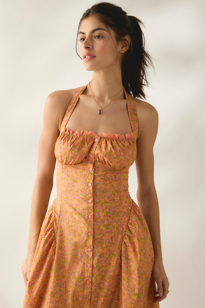 Kimchi Blue Tea Time Basque Waist Halter Midi Dress in Orange, Women’s at Urban Outfitters