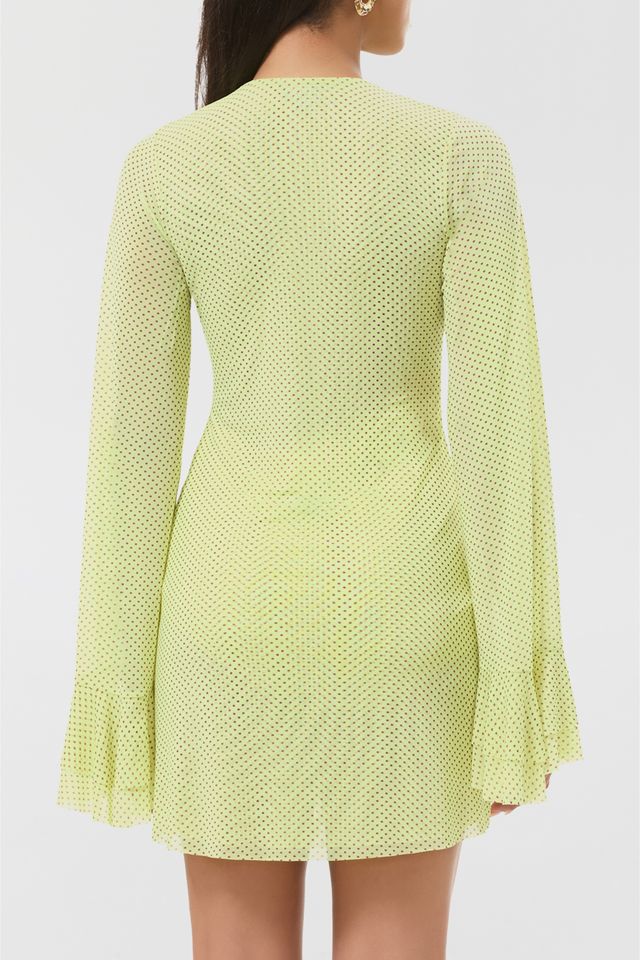 AFRM Kori Citrus Pin Dot Tie-Front Keyhole Bell Sleeve Mini Dress #1