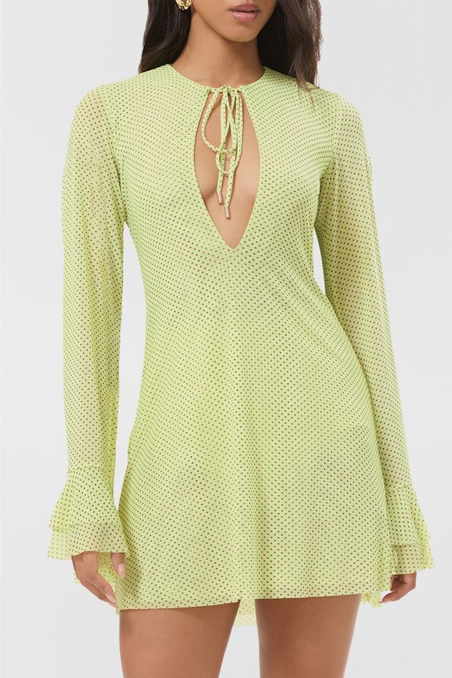 AFRM Kori Citrus Pin Dot Tie-Front Keyhole Bell Sleeve Mini Dress #2