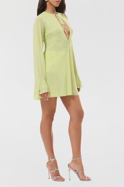 AFRM Kori Citrus Pin Dot Tie-Front Keyhole Bell Sleeve Mini Dress