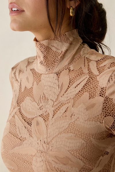 AFRM Shailene Almond Crochet Lace Bodycon Long Sleeve Midi Dress