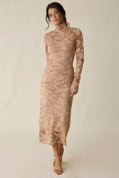AFRM Shailene Almond Crochet Lace Bodycon Long Sleeve Midi Dress