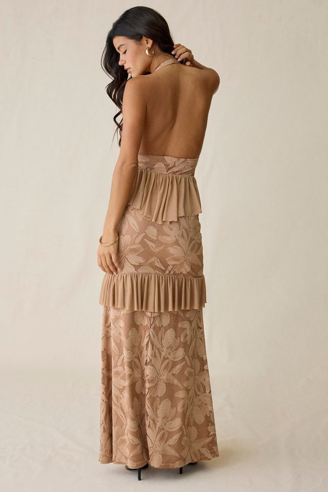 Robe maxi à col licou en dentelle crochet AFRM Athens Almond #3