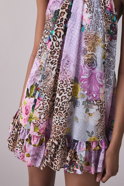 AFRM Colette Natural Patchwork Trapeze Halter Neck Mini Dress