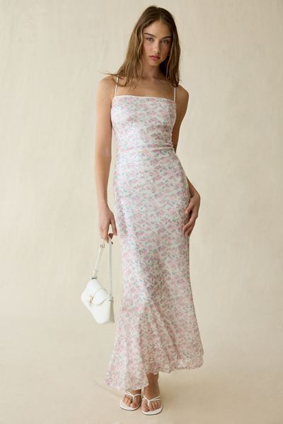 UO Whimsey Rose Floral Mesh Asymmetric Ruched Mini Dress | Urban Outfitters
