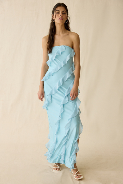 Lulus Freya Asymmetric Ruffle Strapless Maxi Dress | Urban Outfitters