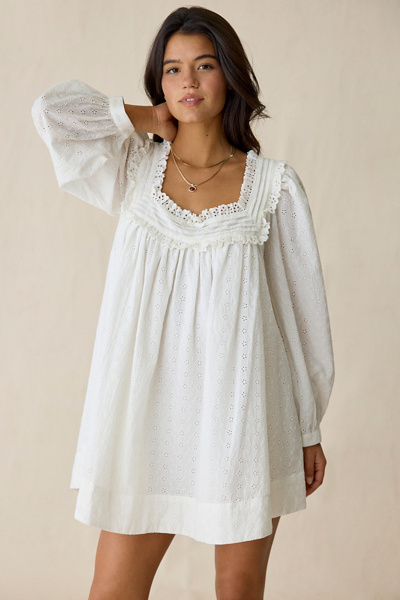 For Love & Lemons Susie Eyelet Lace Long Sleeve Babydoll Mini Dress | Urban  Outfitters