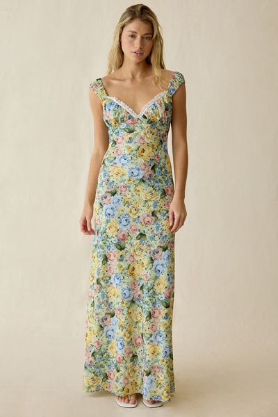 For Love & Lemons Emmaline Lace Trim Chiffon Maxi Dress