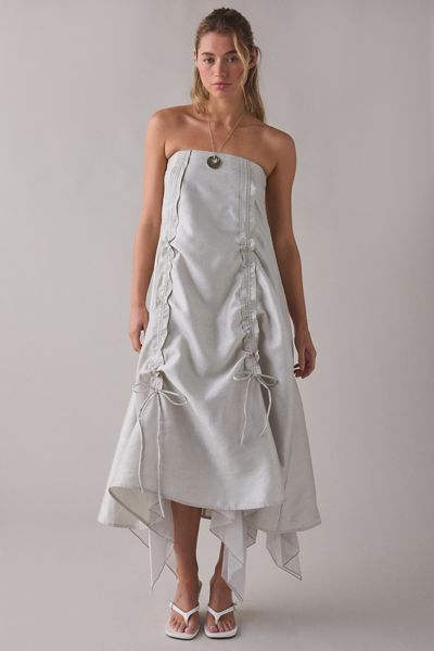 strapless ruffle asymmetrical maxi dress Stolen Love Blue Strapless Asymmetrical Ruffle Hem Maxi Dress