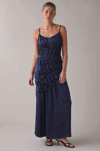 Muse Assembly Amelia Ruched Ruffle Tie-Strap Satin Maxi Dress