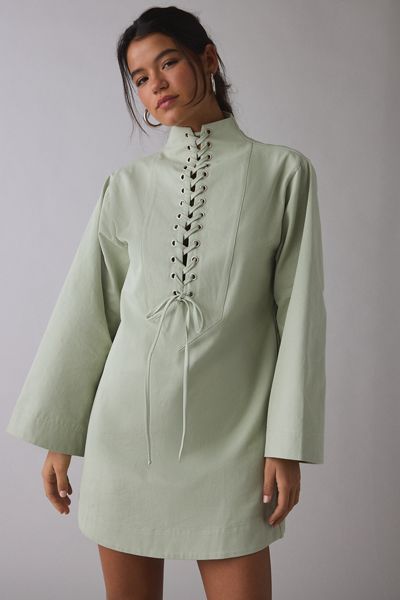 Ghospell Finna Eyelet Lace-Up Long Sleeve Mini Dress