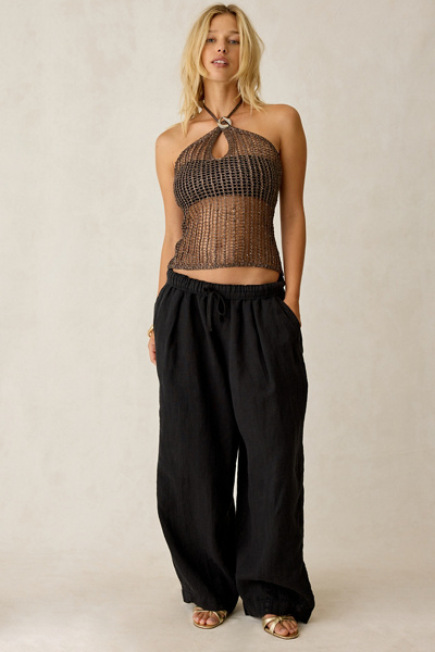 UO Vanna Sheer Sequin Crochet High-Neck Halter Top