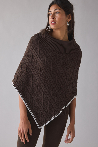 Frankies Bikinis Windswept Cable Knit Poncho Sweater In Brown, Women's At Urban Outfitters