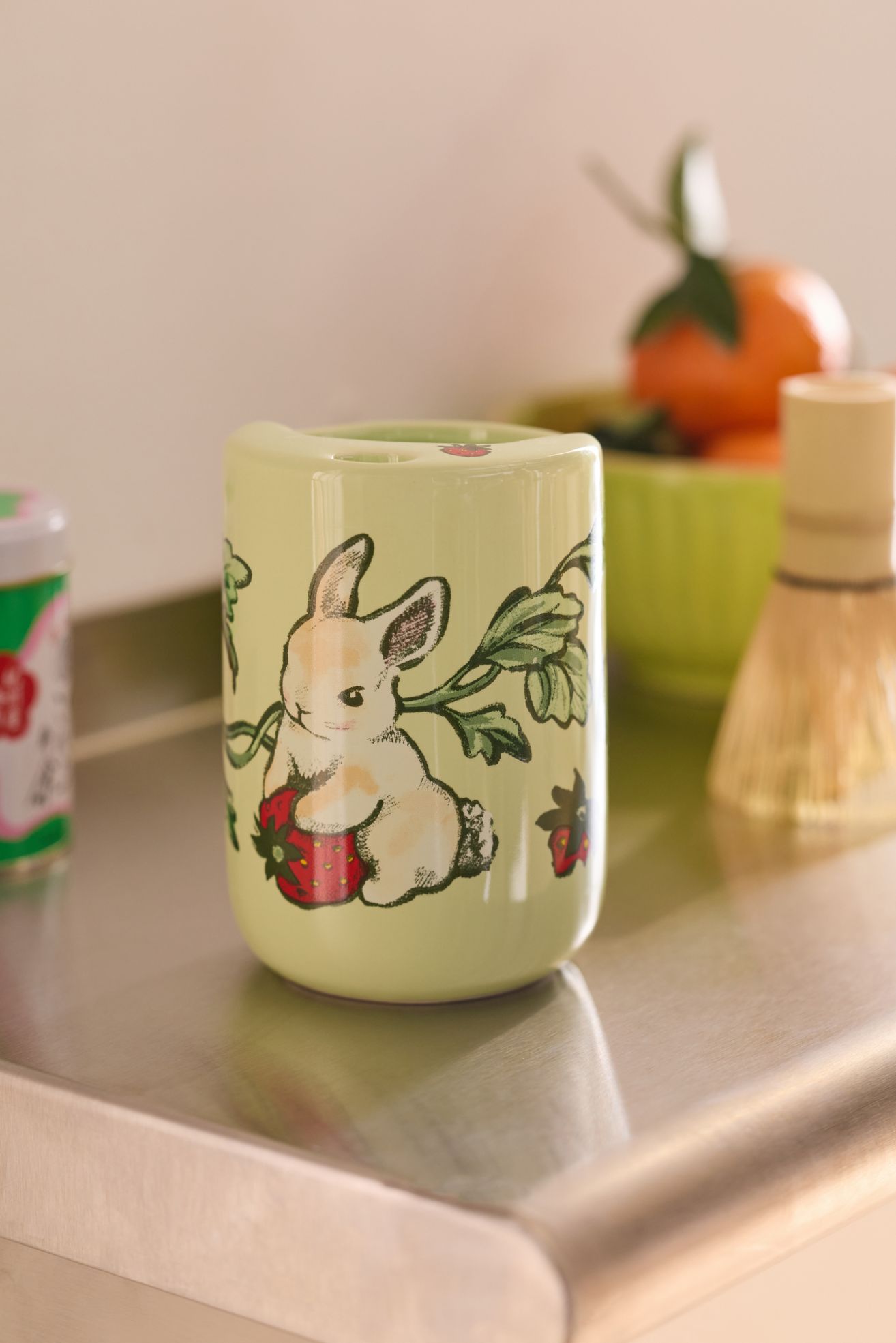 Patterned Matcha Ceramic Sipper - Strawberry Bunny, ONE SIZE