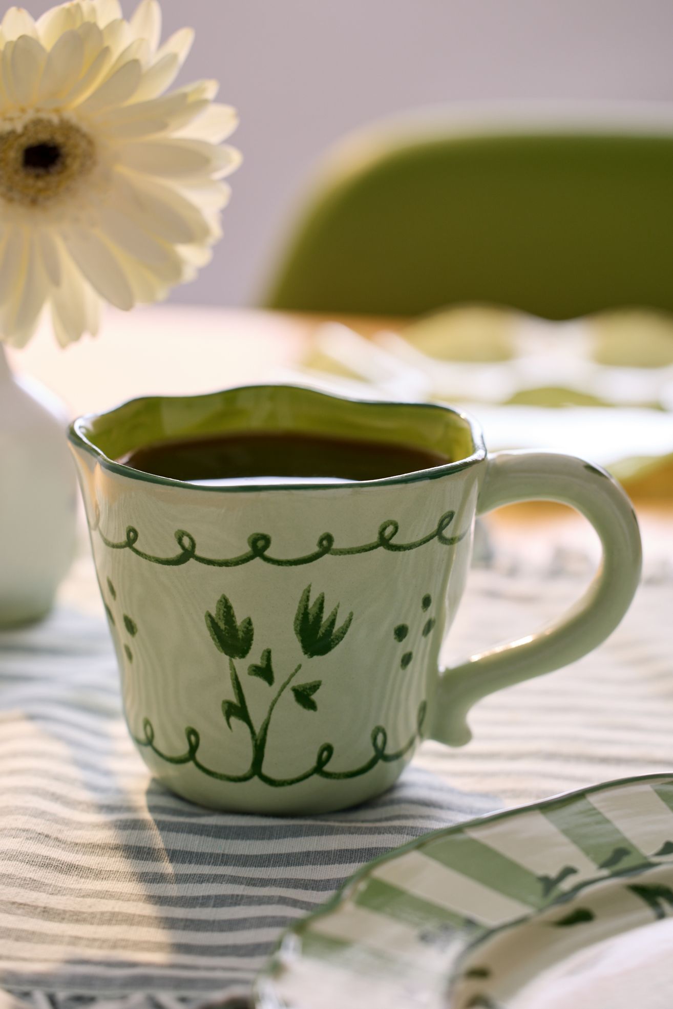 Floral Handmade Ceramic Mug - Dark Green, ONE SIZE