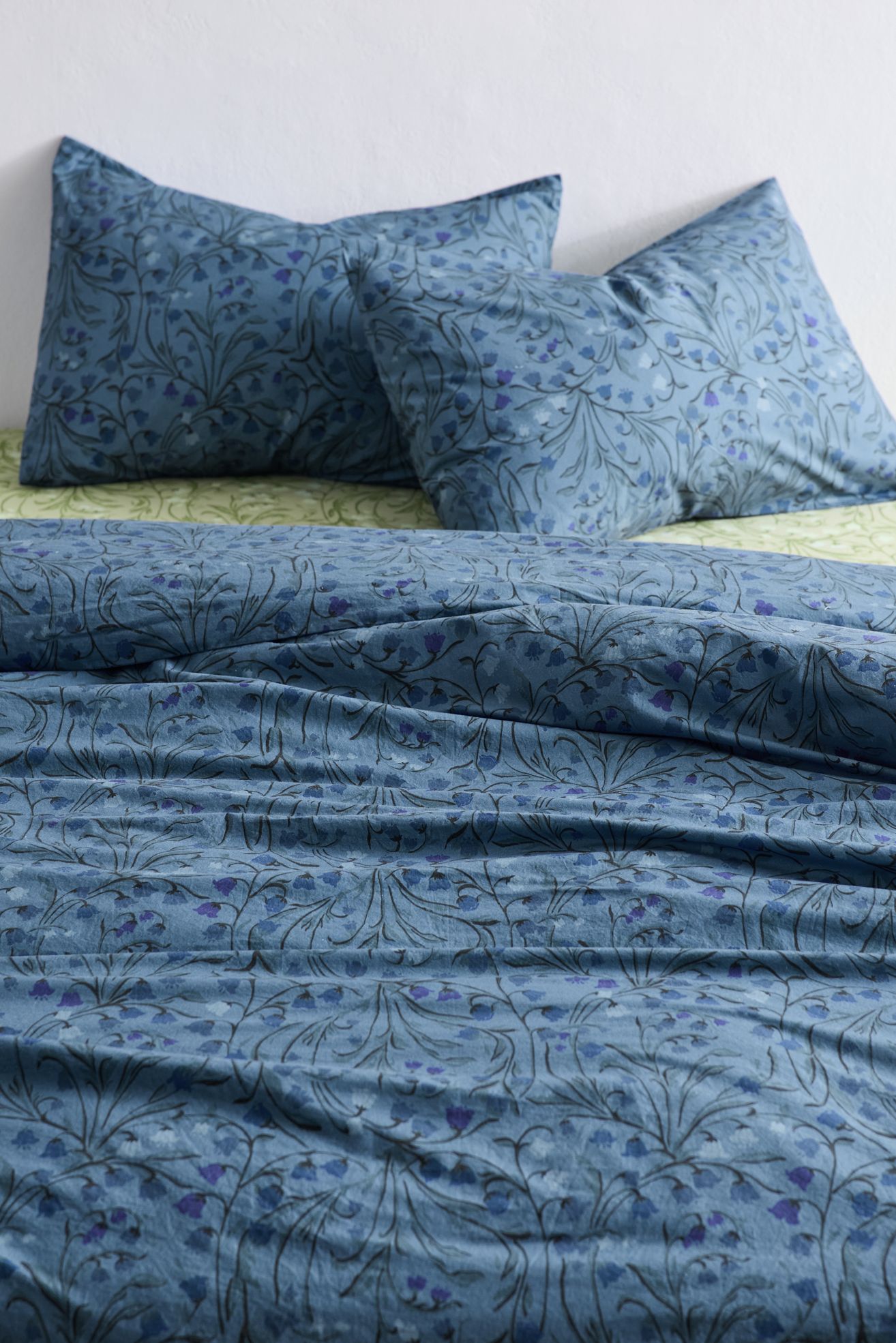 Lily Of The Valley Floral Cotton Percale Duvet Cover - Dark Blue, KING