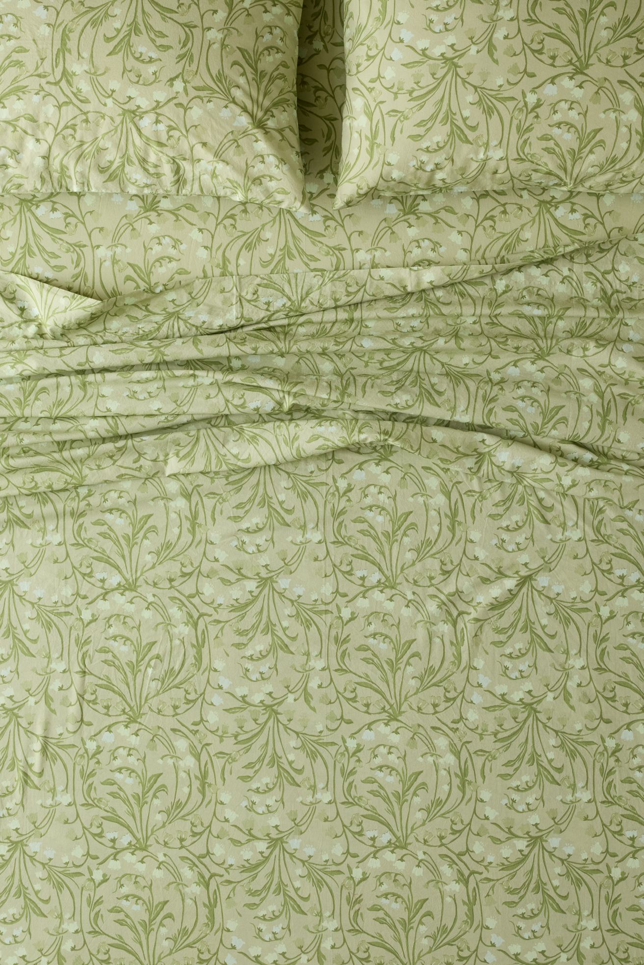Lily Of The Valley Floral Cotton Percale Sheet Set - Green Multi, QUEEN