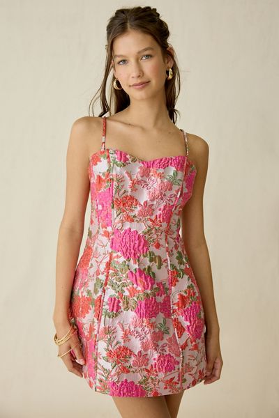 UO Whimsey Rose Floral Mesh Asymmetric Ruched Mini Dress | Urban Outfitters