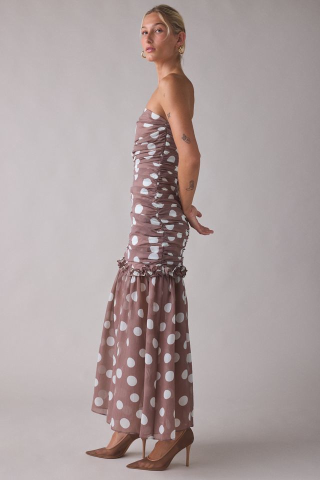 elliatt brown dress Sola Tiered Maxi Dress in Brown Polkadot – Elliatt main image 0