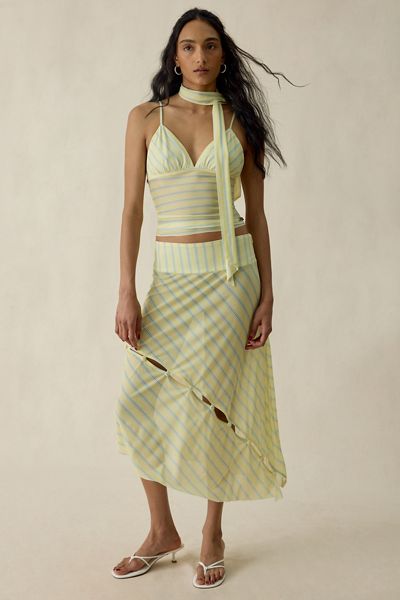 House Of Sunny Striped Sheer Mesh Asymmetric Midi Skirt