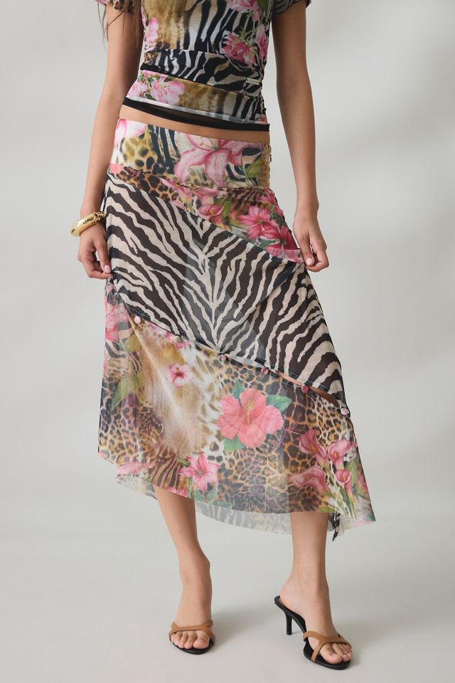 House Of Sunny Sheer Tropical Mesh Asymmetric Midi Skirt #1