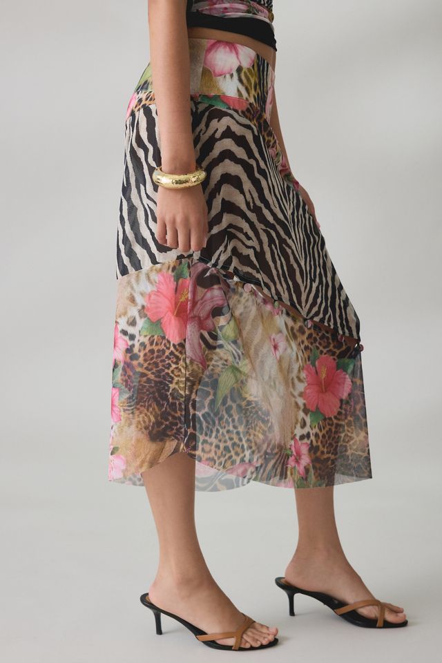 House Of Sunny Sheer Tropical Mesh Asymmetric Midi Skirt #2