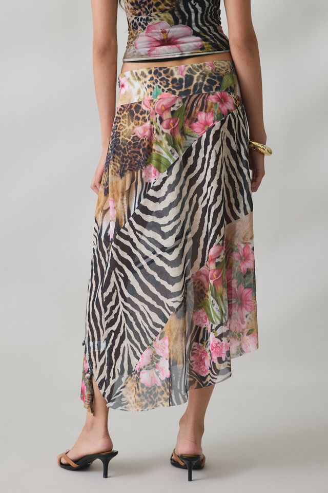 House Of Sunny Sheer Tropical Mesh Asymmetric Midi Skirt #4
