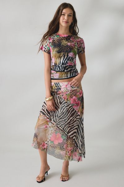 House Of Sunny Sheer Tropical Mesh Asymmetric Midi Skirt