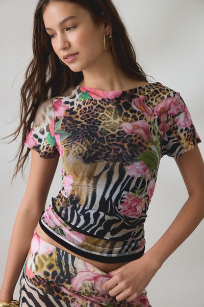 House Of Sunny Tropical Mesh Short Sleeve Top
