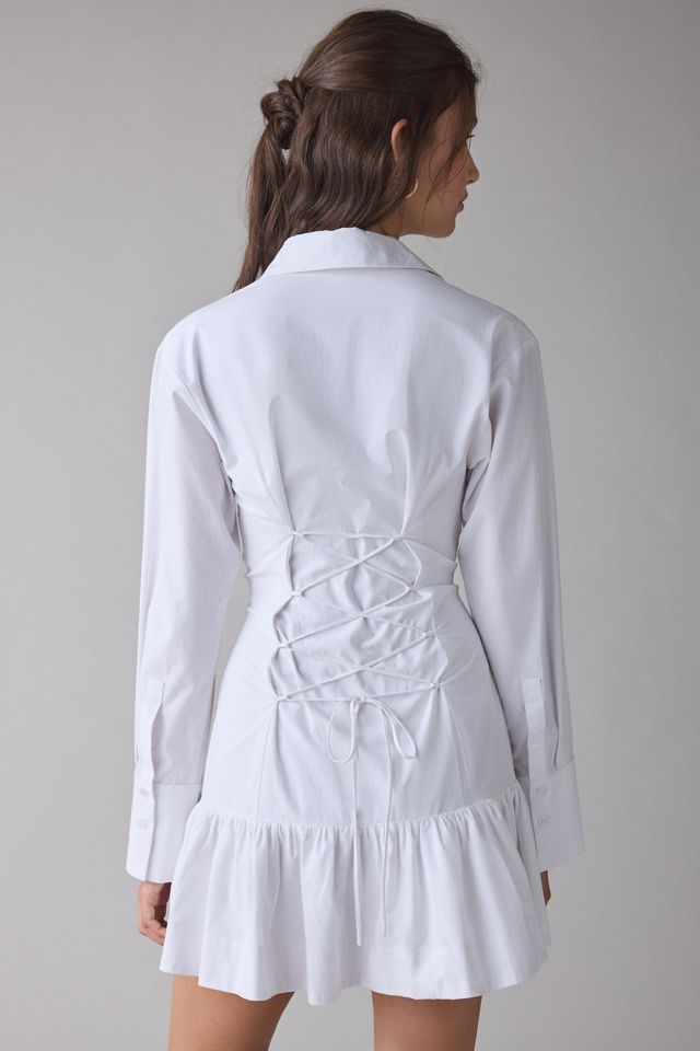 NIA Rayo Corset Tie-Back Shirt Mini Dress in White Cotton, Women's S at Urban Outfitters