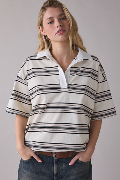 NIA Ronda Oat Striped Oversized Short Sleeve Polo Top