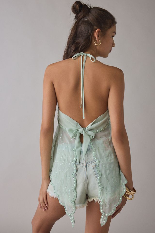 Kimchi Blue Leila Sheer Beaded Embroidered Flyaway Halter Top | Urban  Outfitters