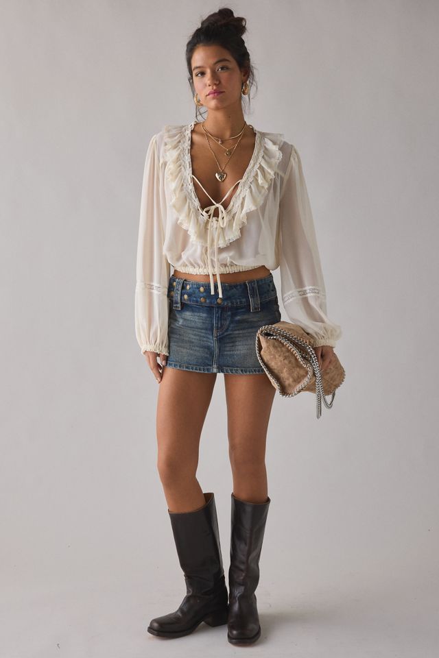 Kimchi Blue Cecelia Sheer Lace Trim Ruffle Long Sleeve Blouse