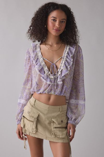 Kimchi Blue Cecelia Sheer Lace Trim Ruffle Long Sleeve Blouse